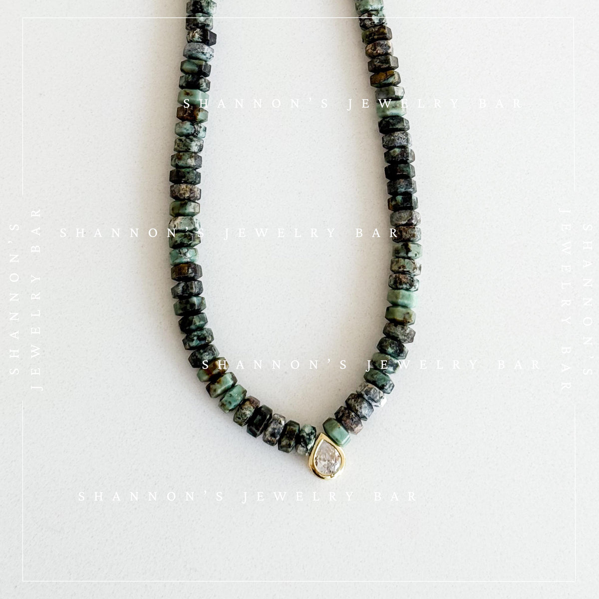 African Turquoise Jasper Necklace, Green Heishi Beads, CZ Teardrop Pendant, 18 Inch Handmade Gemstone Jewelry