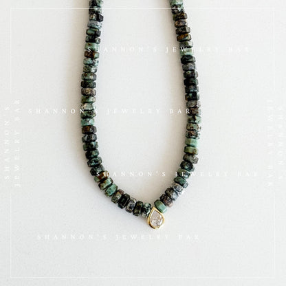 African Turquoise Jasper Necklace, Green Heishi Beads, CZ Teardrop Pendant, 18 Inch Handmade Gemstone Jewelry