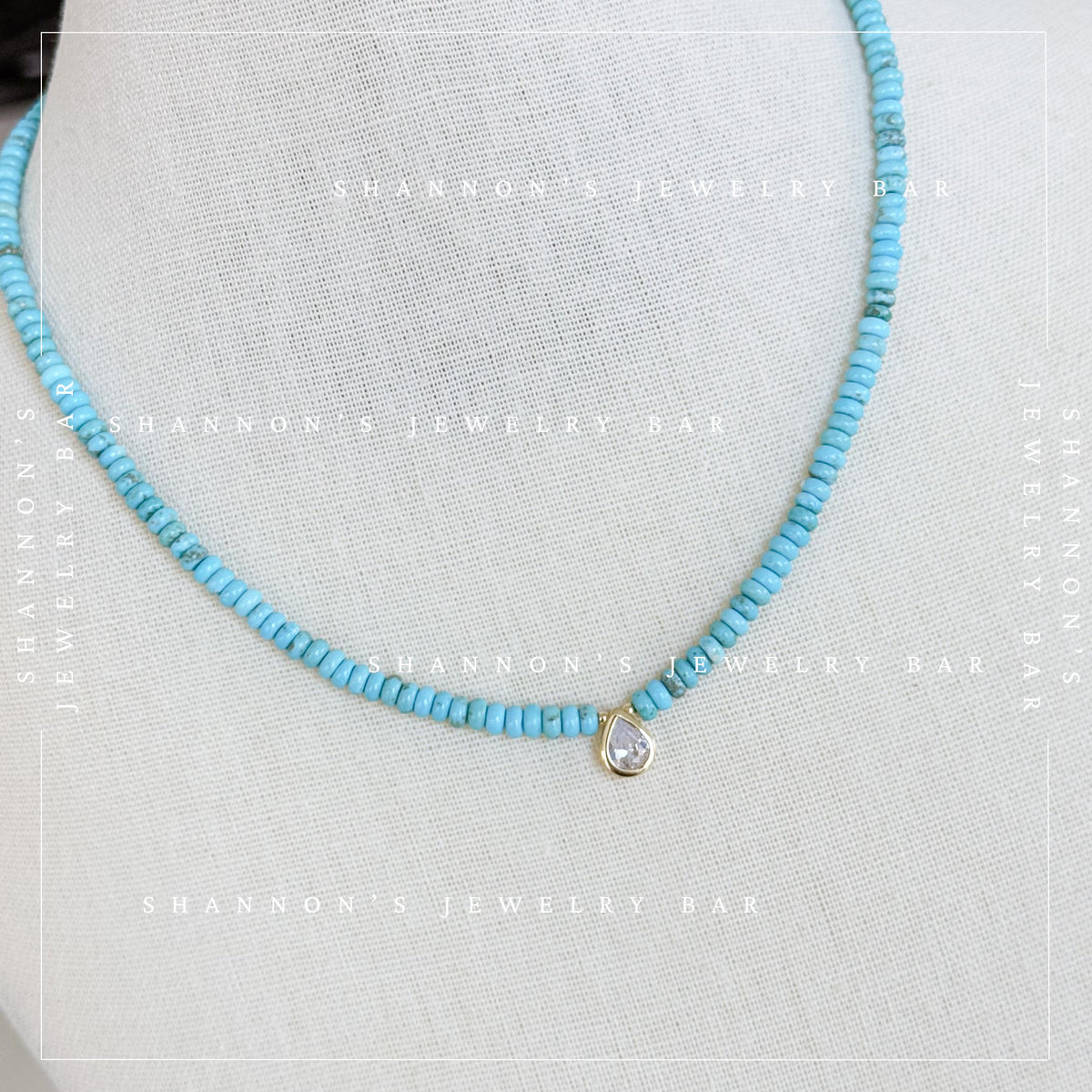 Turquoise Heishi Bead Necklace with CZ Pear Charm, Blue Stone Necklace, Gold Pendant Jewelry, 18 Inch Handmade