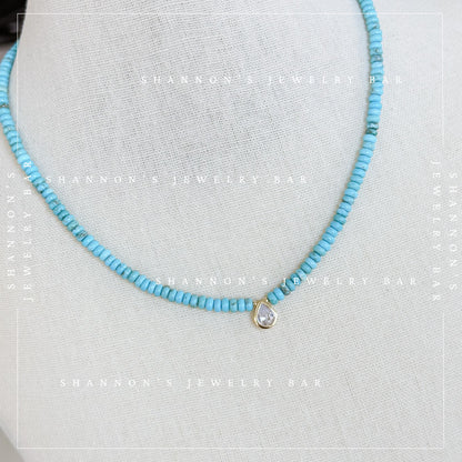 Turquoise Heishi Bead Necklace with CZ Pear Charm, Blue Stone Necklace, Gold Pendant Jewelry, 18 Inch Handmade
