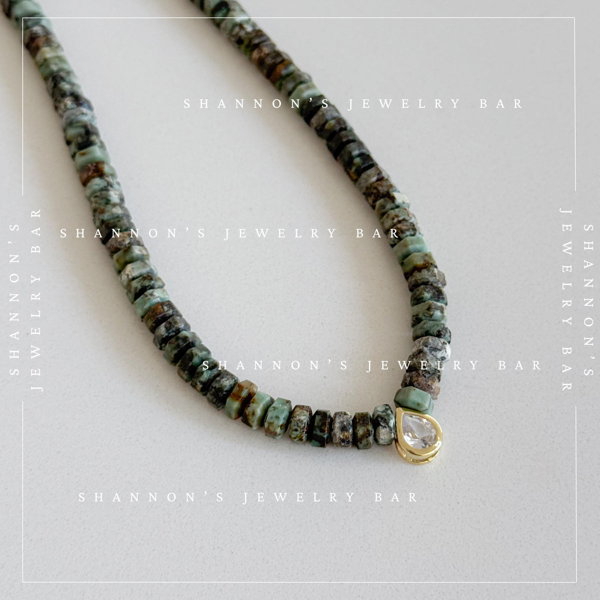 African Turquoise Jasper Necklace, Green Heishi Beads, CZ Teardrop Pendant, 18 Inch Handmade Gemstone Jewelry