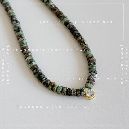 African Turquoise Jasper Necklace, Green Heishi Beads, CZ Teardrop Pendant, 18 Inch Handmade Gemstone Jewelry