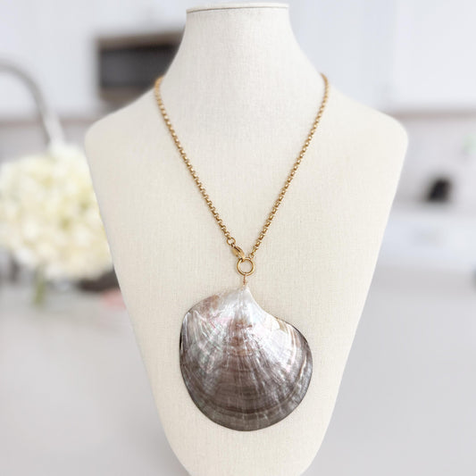 Large Natural Shell Pendant Necklace, 24 Inch Gold Chain, Statement Seashell Jewelry, Coastal Beach Necklace, Ocean Jewelry