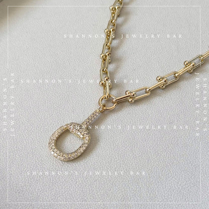 14k Gold Plated Industrial Chain Horsebit Necklace, CZ Pave Pendant Necklace, Chunky Gold Hardware Link Chain Necklace, Equestrian Jewelry,