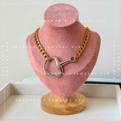 Mixed Metal Horsebit Necklace, Gold Cuban Link Chain Necklace, Silver Horsebit Statement Necklace, Waterproof Stainless Steel Jewelry