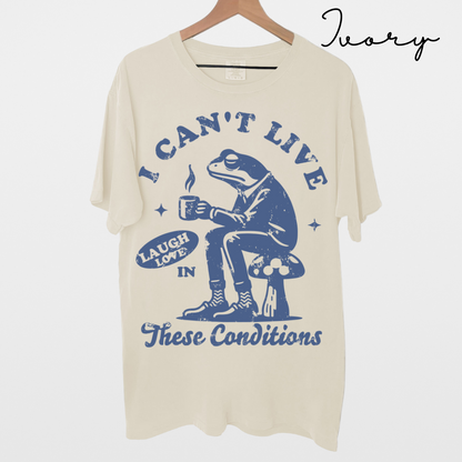 I Can't Live Laugh Love in These Conditions - Funny, Frog Graphic, Garment-Dyed T-shirt