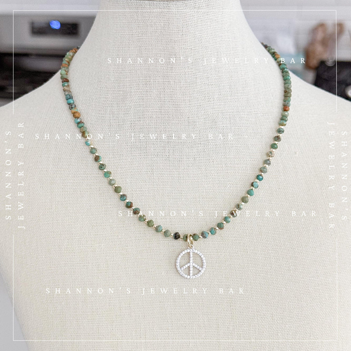 African Turquoise Necklace with CZ Peace Sign Pendant, Green Gemstone Beaded Necklace, Boho Hippie Jewelry, 18 Inch