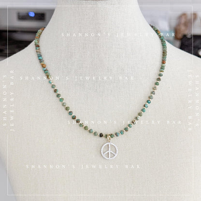 African Turquoise Necklace with CZ Peace Sign Pendant, Green Gemstone Beaded Necklace, Boho Hippie Jewelry, 18 Inch