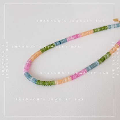Colorful Quartz Gemstone Necklace, Multicolor Heishi Beaded Necklace, Pastel Rainbow Necklace, Handmade Gemstone Jewelry, Gift for Her