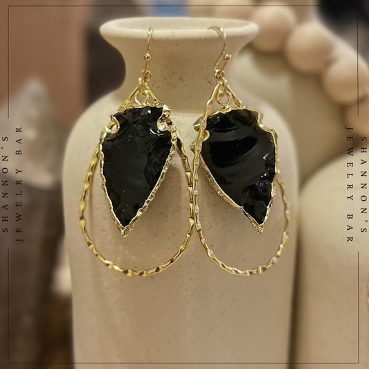 Handmade 18K Gold Plated Black Obsidian Arrowhead Hoop Earrings