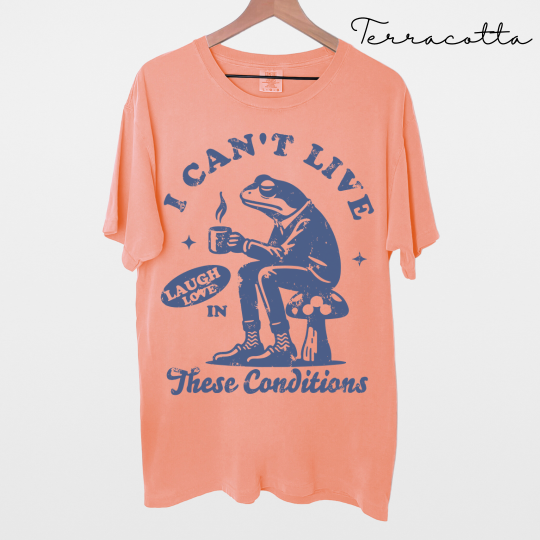 I Can't Live Laugh Love in These Conditions - Funny, Frog Graphic, Garment-Dyed T-shirt
