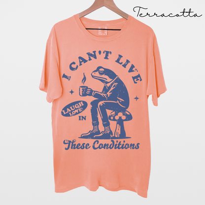 I Can't Live Laugh Love in These Conditions - Funny, Frog Graphic, Garment-Dyed T-shirt