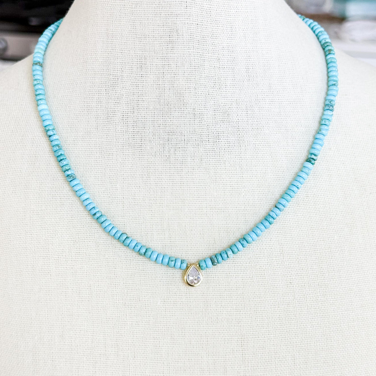 Turquoise Heishi Bead Necklace with CZ Pear Charm, Blue Stone Necklace, Gold Pendant Jewelry, 18 Inch Handmade