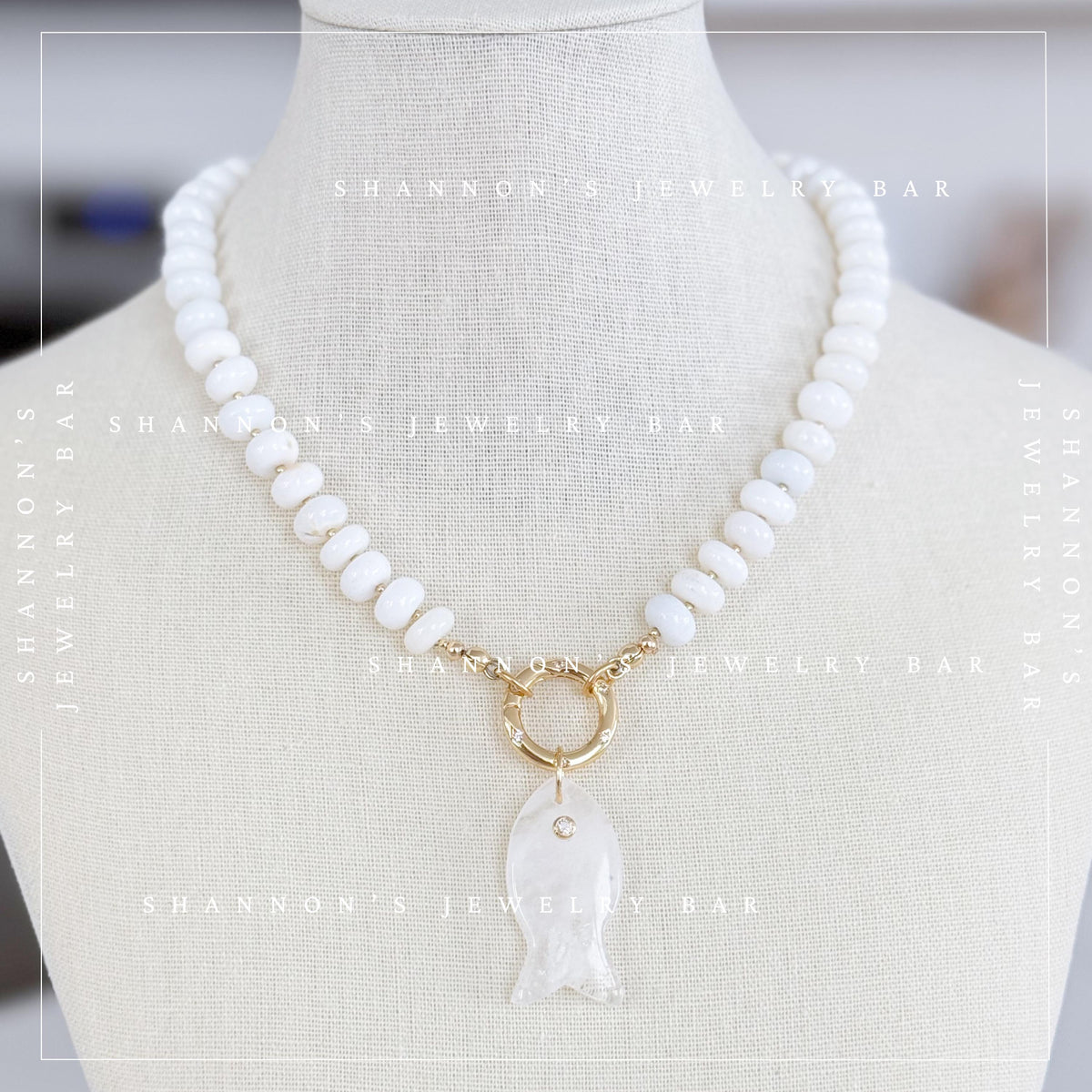 White Opal Beaded Necklace, Genuine Opal Gemstone Necklace, Gold Carabiner Charm Holder Necklace, Fish Pendant Necklace