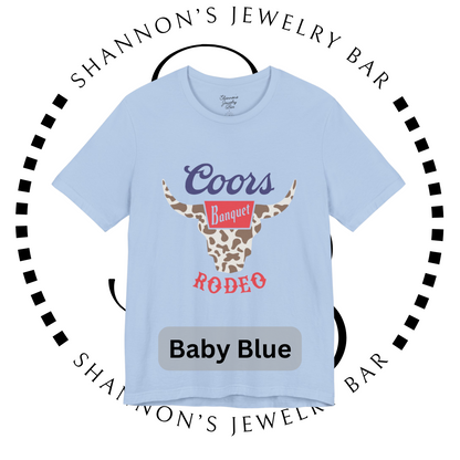 Rodeo Coors Cow Skull with Cow Print- Unisex Jersey Short Sleeve Tee