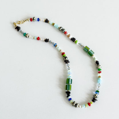 Bead Soup Necklace, Colorful Mixed Gemstone and Glass Beaded Necklace, 18 Inch One of a Kind Statement Jewelry