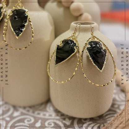 Handmade 18K Gold Plated Black Obsidian Arrowhead Hoop Earrings