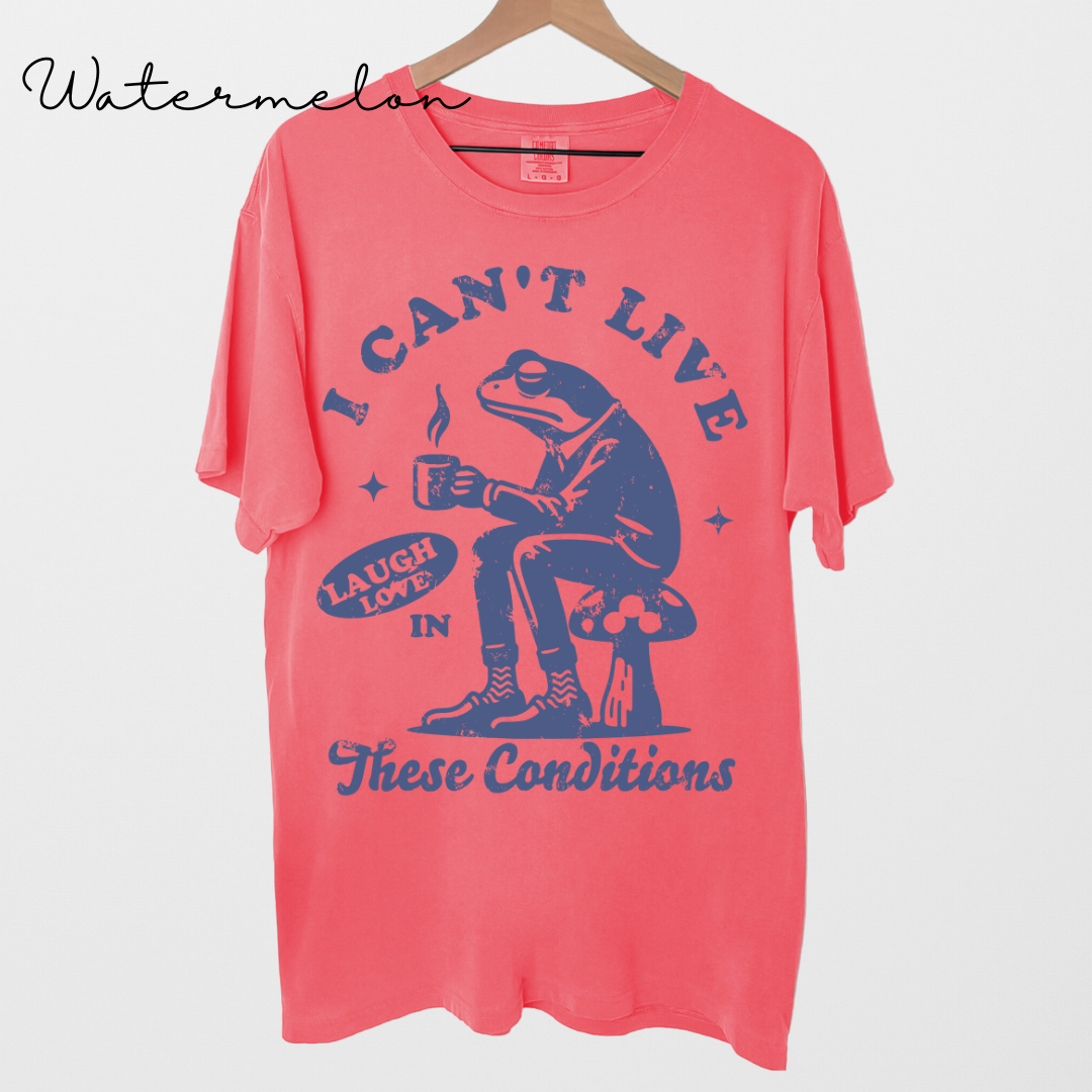 I Can't Live Laugh Love in These Conditions - Funny, Frog Graphic, Garment-Dyed T-shirt