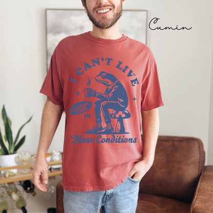 I Can't Live Laugh Love in These Conditions - Funny, Frog Graphic, Garment-Dyed T-shirt