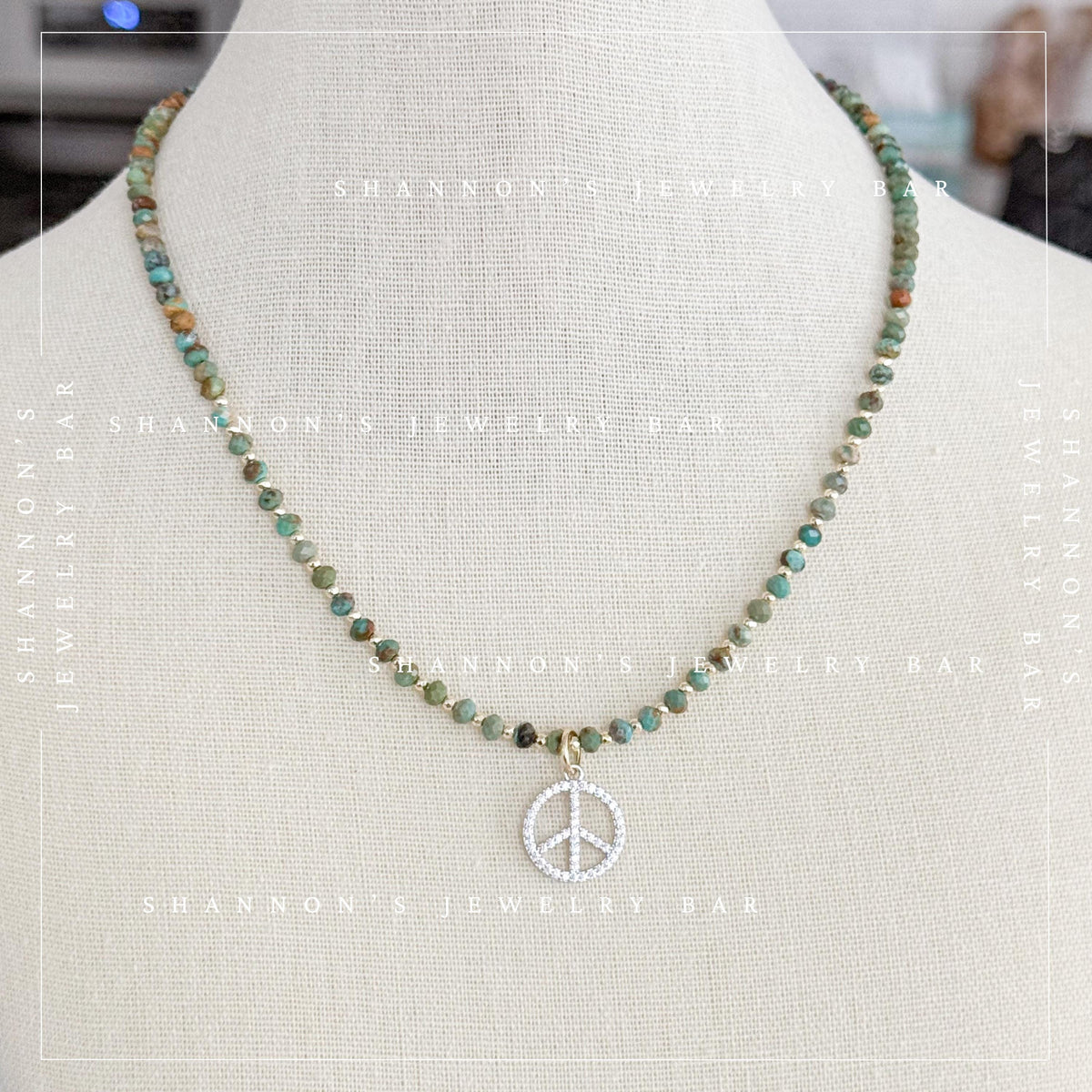 African Turquoise Necklace with CZ Peace Sign Pendant, Green Gemstone Beaded Necklace, Boho Hippie Jewelry, 18 Inch