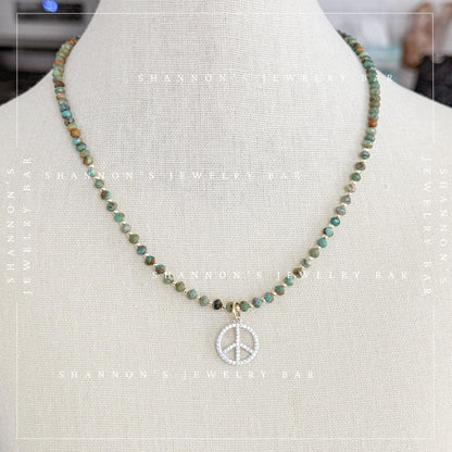 African Turquoise Necklace with CZ Peace Sign Pendant, Green Gemstone Beaded Necklace, Boho Hippie Jewelry, 18 Inch