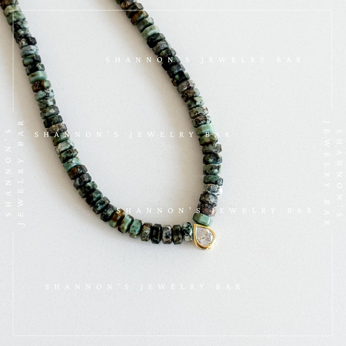 African Turquoise Jasper Necklace, Green Heishi Beads, CZ Teardrop Pendant, 18 Inch Handmade Gemstone Jewelry