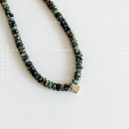 African Turquoise Jasper Necklace, Green Heishi Beads, CZ Teardrop Pendant, 18 Inch Handmade Gemstone Jewelry