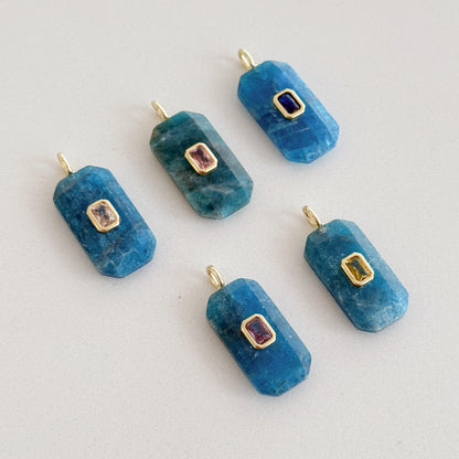Natural Apatite Pendant, Blue Faceted Gemstone Charm with Gold CZ Detail, Rectangle Necklace Focal, Jewelry Making Supply