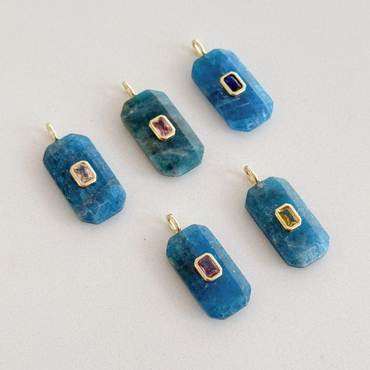 Natural Apatite Pendant, Blue Faceted Gemstone Charm with Gold CZ Detail, Rectangle Necklace Focal, Jewelry Making Supply