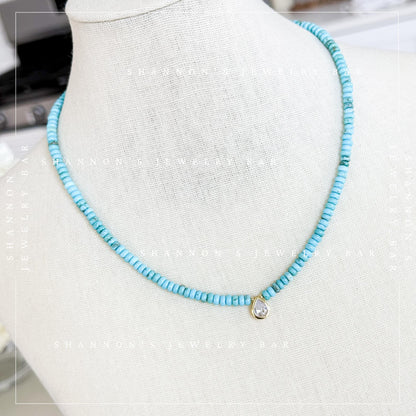 Turquoise Heishi Bead Necklace with CZ Pear Charm, Blue Stone Necklace, Gold Pendant Jewelry, 18 Inch Handmade