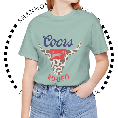 Rodeo Coors Cow Skull with Cow Print- Unisex Jersey Short Sleeve Tee