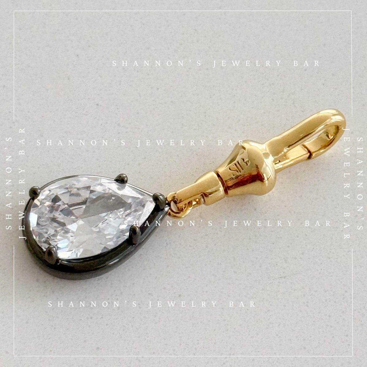 Two Tone Pear CZ Pendant Charm with Gold Clasp, Black Rhodium Silver Crystal Drop, Detachable Necklace Charm, Georgian Style Jewelry