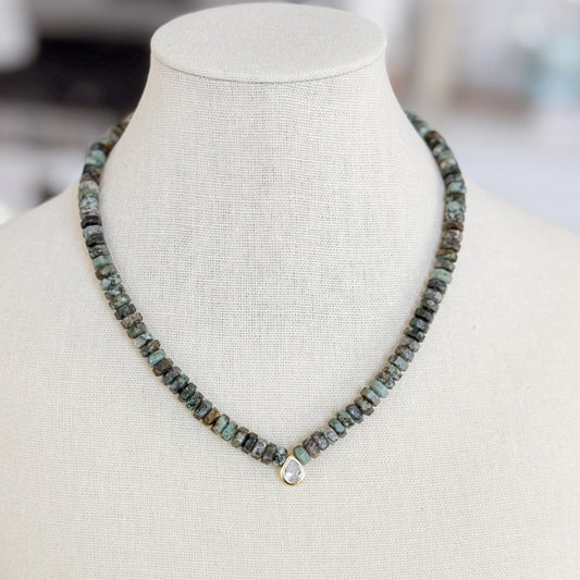 African Turquoise Jasper Necklace, Green Heishi Beads, CZ Teardrop Pendant, 18 Inch Handmade Gemstone Jewelry