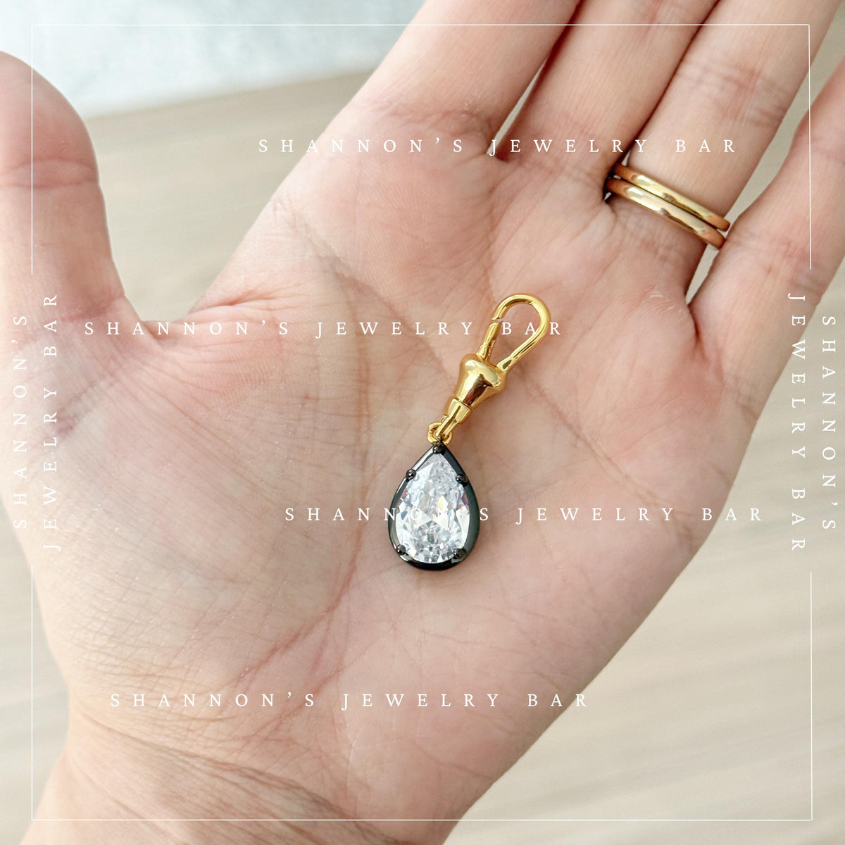 Two Tone Pear CZ Pendant Charm with Gold Clasp, Black Rhodium Silver Crystal Drop, Detachable Necklace Charm, Georgian Style Jewelry