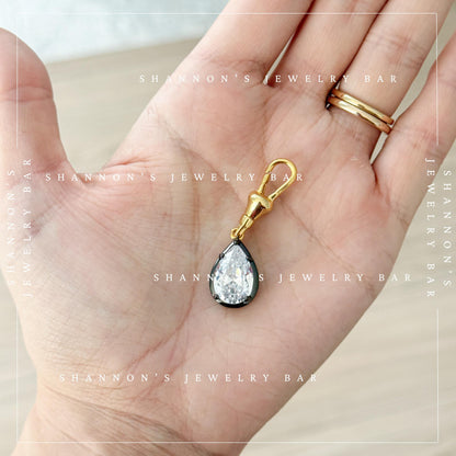 Two Tone Pear CZ Pendant Charm with Gold Clasp, Black Rhodium Silver Crystal Drop, Detachable Necklace Charm, Georgian Style Jewelry