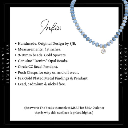 Blue Opal Necklace, Genuine Opal Beaded Necklace, Blue Gemstone Necklace, Gold CZ Pendant Necklace, Handmade Beaded Jewelry