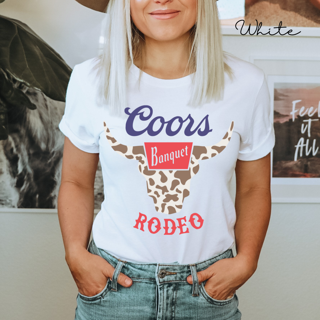 Rodeo Coors Cow Skull with Cow Print- Unisex Jersey Short Sleeve Tee