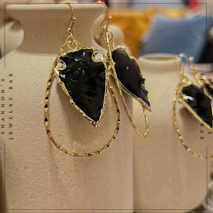 Handmade 18K Gold Plated Black Obsidian Arrowhead Hoop Earrings