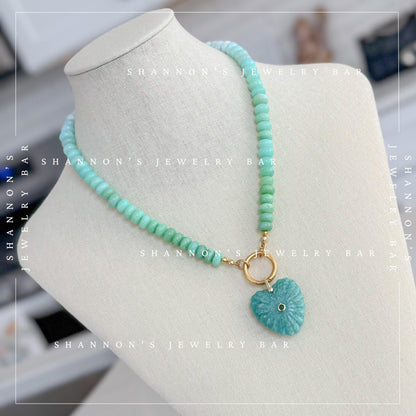 Peruvian Opal Necklace, Blue Opal Gemstone Necklace, Amazonite Heart Pendant, Gold Carabiner Necklace, Handmade Gemstone Jewelry