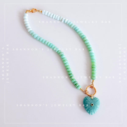 Peruvian Opal Necklace, Blue Opal Gemstone Necklace, Amazonite Heart Pendant, Gold Carabiner Necklace, Handmade Gemstone Jewelry
