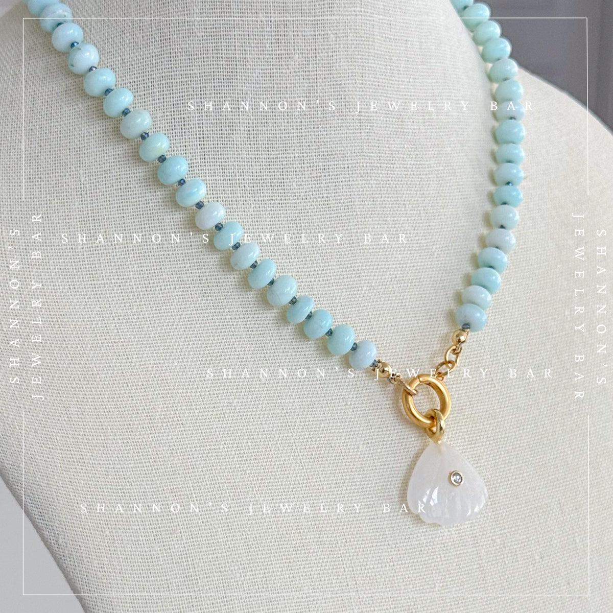 Peruvian Opal Necklace, Blue Opal Beaded Necklace, Gemstone Carabiner Charm Necklace, White Quartz Shell Pendant, Handmade Jewelry