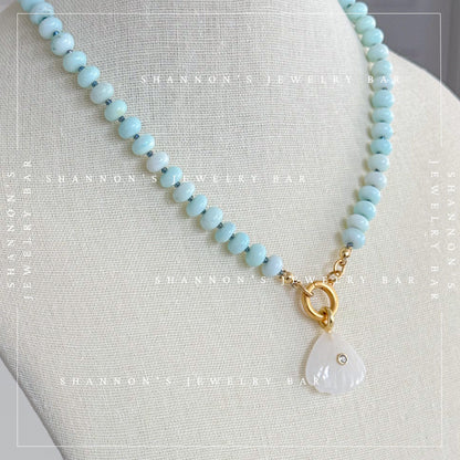 Peruvian Opal Necklace, Blue Opal Beaded Necklace, Gemstone Carabiner Charm Necklace, White Quartz Shell Pendant, Handmade Jewelry