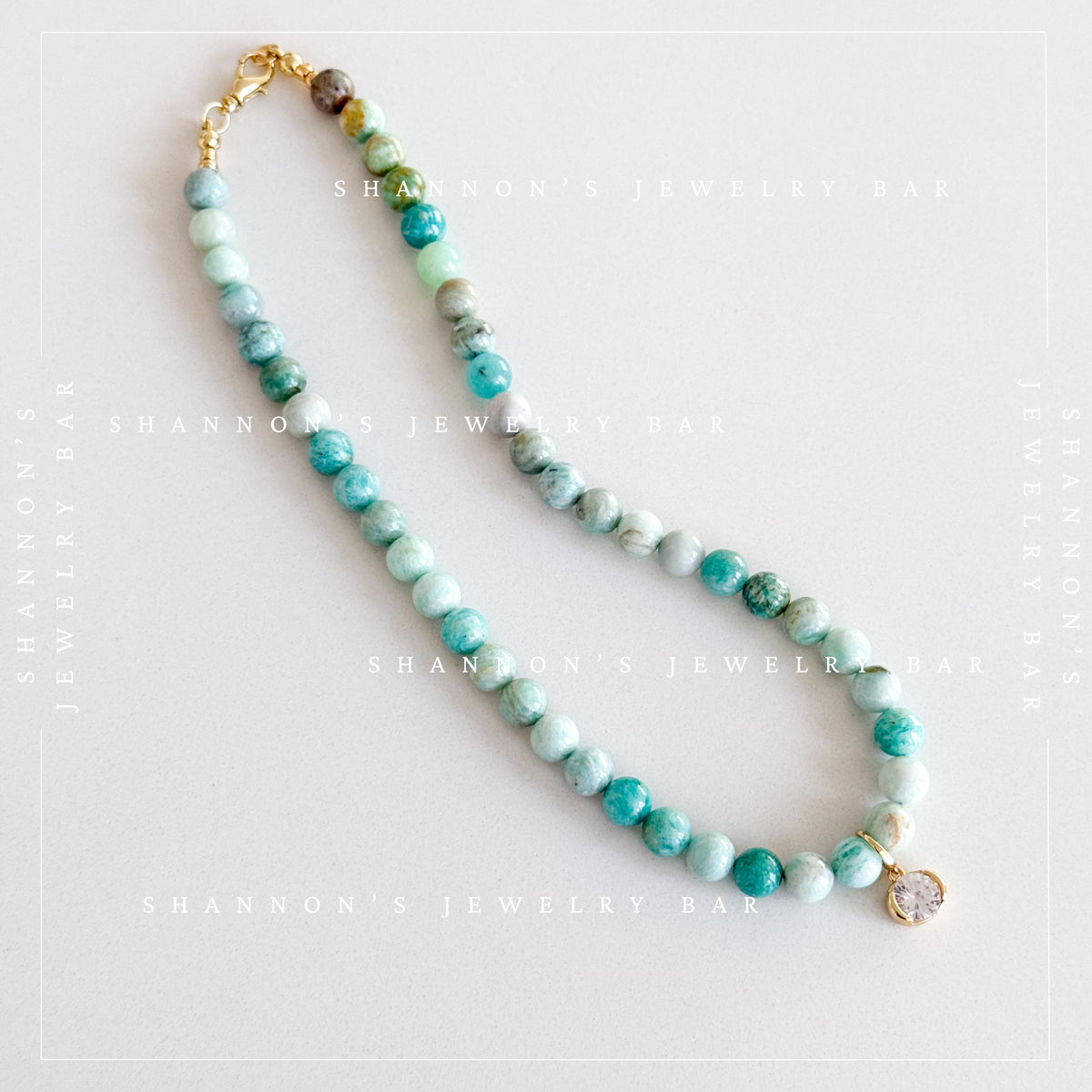 Handmade Amazonite Beaded Necklace, Blue Green Gemstone Necklace with Oval CZ Pendant, Gold Statement Jewelry, Gift for Her