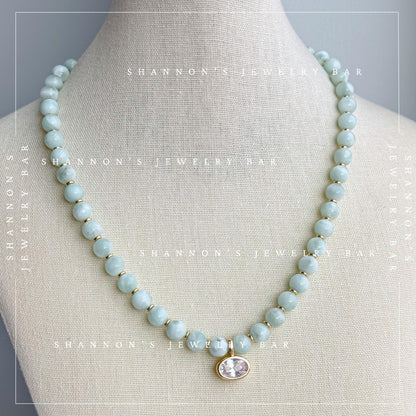 Green Moonstone Beaded Necklace, Genuine Green Moonstone Necklace, Oval CZ Pendant Necklace, Handmade Gemstone Necklace, Gold Beaded Jewelry