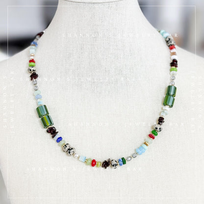 Bead Soup Necklace, Colorful Mixed Gemstone and Glass Beaded Necklace, 18 Inch One of a Kind Statement Jewelry