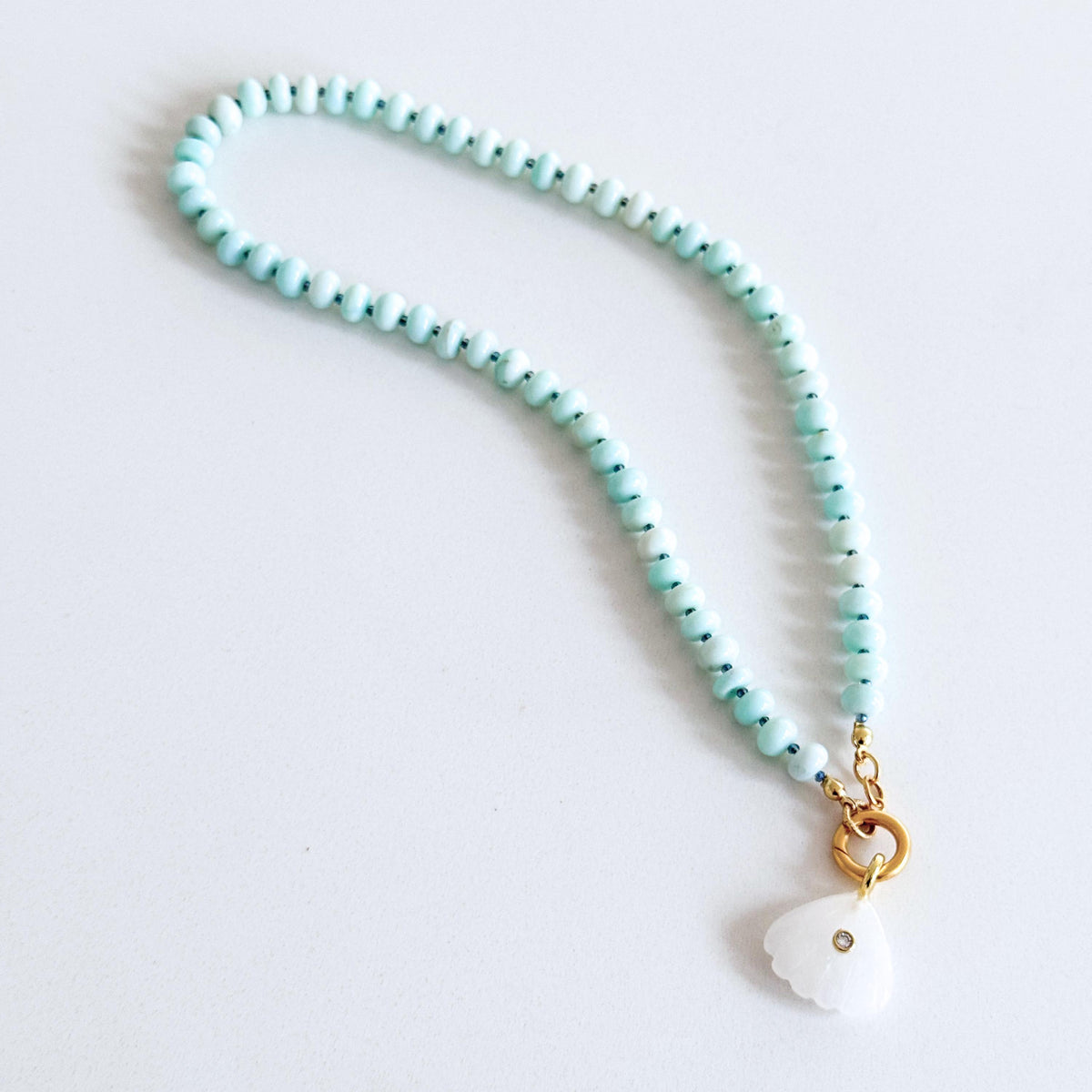 Peruvian Opal Necklace, Blue Opal Beaded Necklace, Gemstone Carabiner Charm Necklace, White Quartz Shell Pendant, Handmade Jewelry