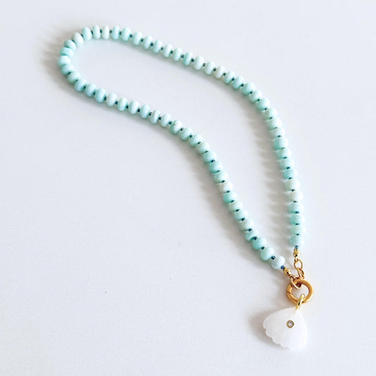 Peruvian Opal Necklace, Blue Opal Beaded Necklace, Gemstone Carabiner Charm Necklace, White Quartz Shell Pendant, Handmade Jewelry