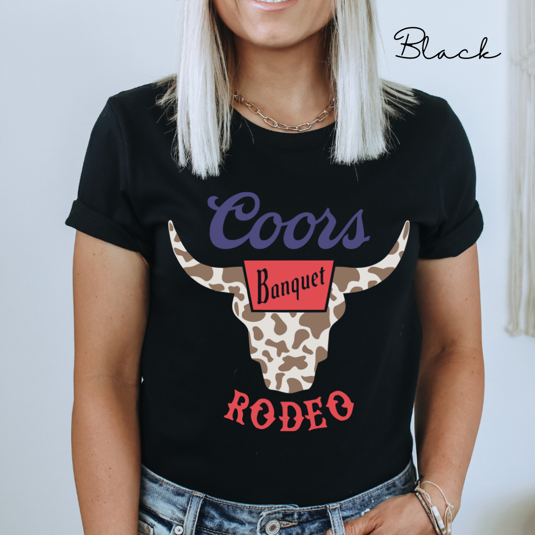 Rodeo Coors Cow Skull with Cow Print- Unisex Jersey Short Sleeve Tee