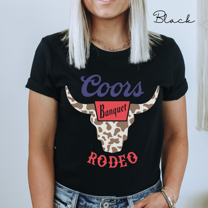 Rodeo Coors Cow Skull with Cow Print- Unisex Jersey Short Sleeve Tee