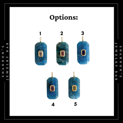 Natural Apatite Pendant, Blue Faceted Gemstone Charm with Gold CZ Detail, Rectangle Necklace Focal, Jewelry Making Supply